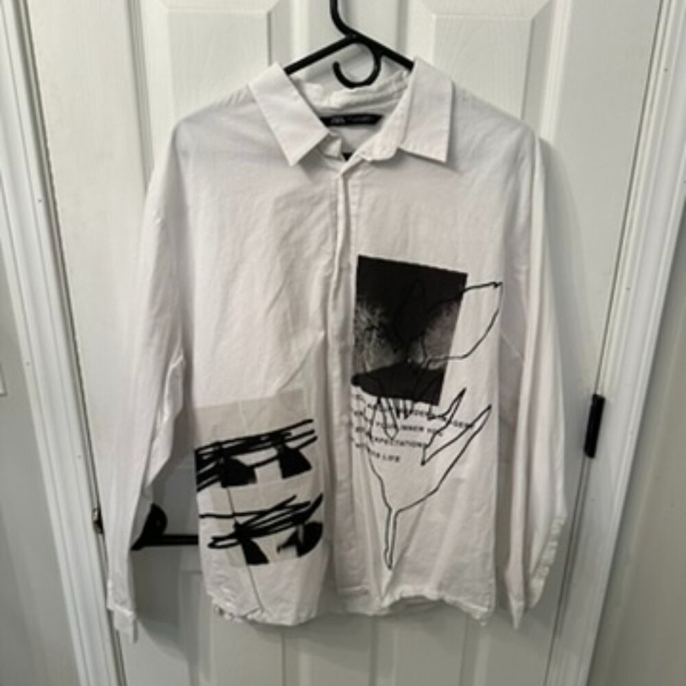 Zara White Graphic Button Down